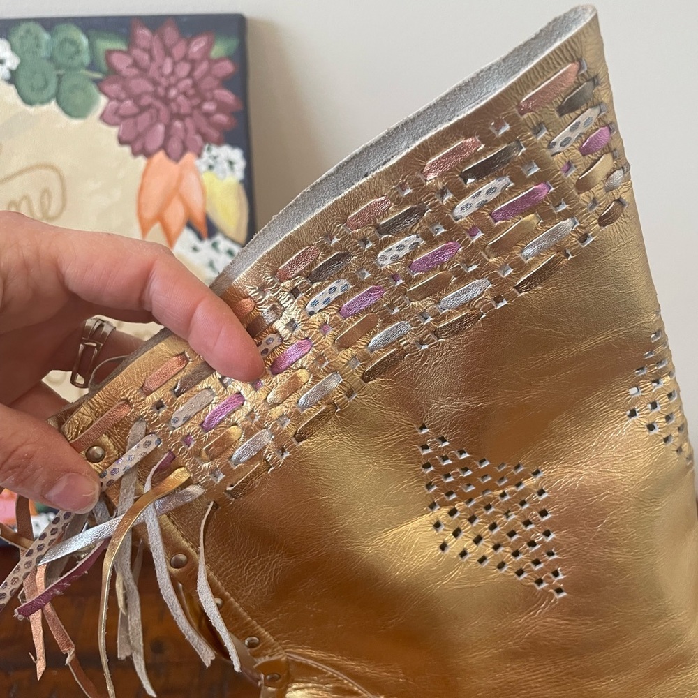 Vintage 80s Compulsion Leather Dress Gold Fringe Moccasins size 7.5M Brazil - Picture 9 of 14